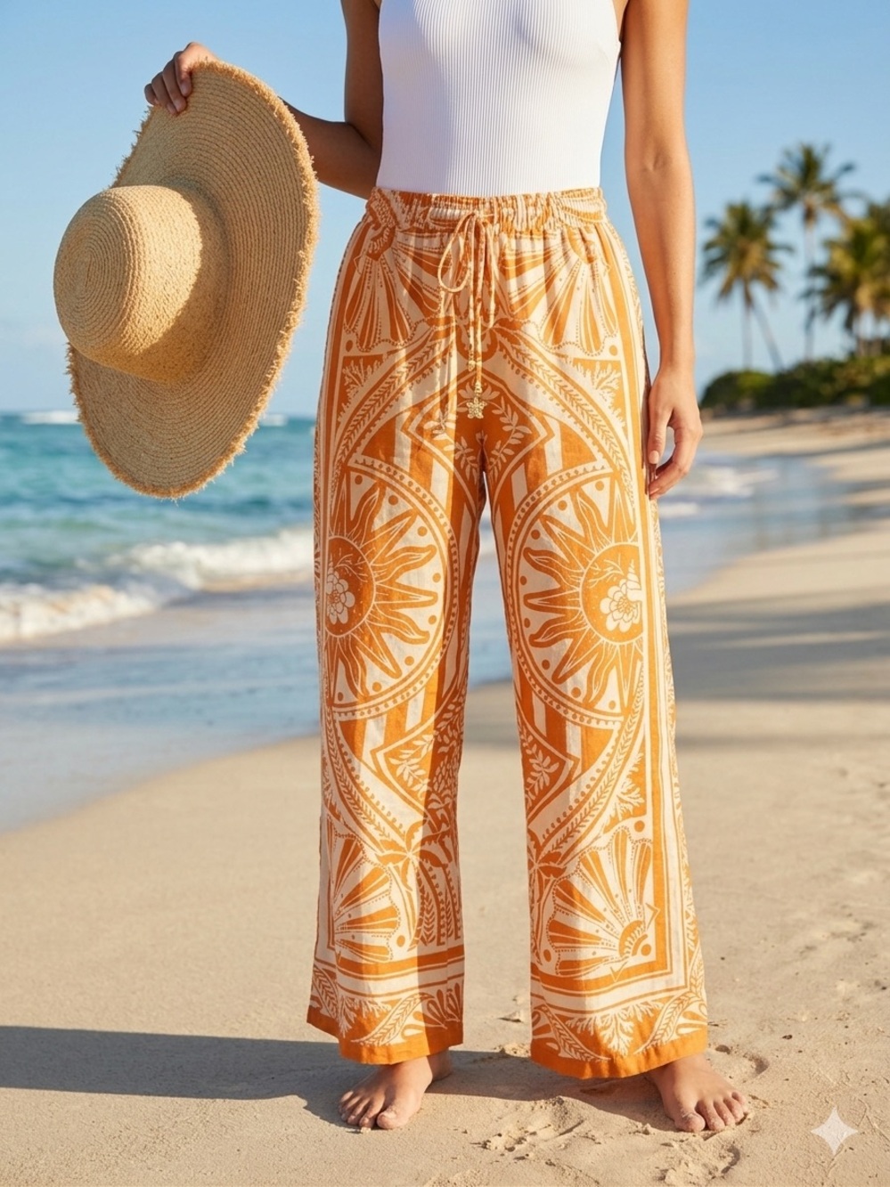 Rachel Zoe Orange Printed Wide-Leg Drawstring Pants
